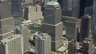 AX83_160 - 4.8K aerial stock footage of One World Financial Center, Lower Manhattan, New York City