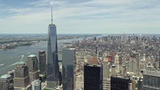 AX83_162 - 4.8K aerial stock footage of One World Trade Center and the Hudson River in Lower Manhattan, New York City