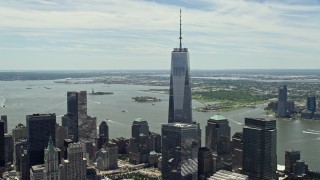 AX83_165 - 4.8K aerial stock footage of One World Trade Center and New York Harbor, Lower Manhattan, New York City