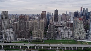 AX84_027 - 4K aerial stock footage Flying by Upper West Side skyscrapers, New York, New York