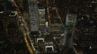 AX85_027 - 4K aerial stock footage of World Trade Center Memorial, Lower Manhattan, New York, New York, night