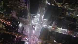 AX85_046 - 4K aerial stock footage Bird's eye view over Times Square, Midtown Manhattan, New York, New York, night