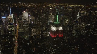 AX85_057 - 4K aerial stock footage Flying by Empire State Building, revealing Times Square, New York, New York, night
