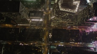 AX85_085 - 4K aerial stock footage Avenue of Americas, Bank of America Tower, Bryant Park, Midtown Manhattan, New York, night