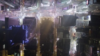 AX85_095 - 4K aerial stock footage Bird's eye view over Times Square, Midtown Manhattan, New York, night