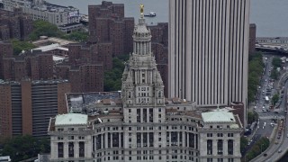 AX86_015 - 4K aerial stock footage of approaching the top of the Manhattan Municipal Building, Lower Manhattan, New York City