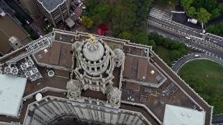 AX86_016 - 4K aerial stock footage tilt to a bird's eye view of the Manhattan Municipal Building, Lower Manhattan, New York City