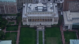 AX86_078 - 4K aerial stock footage fly over Low Library, approach Butler Library at the Columbia University campus in Morningside Heights, New York City