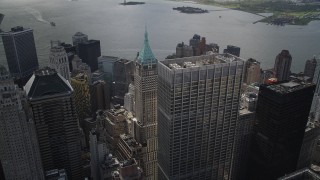 AX87_027 - 4K stock footage aerial video of One Chase Manhattan Plaza, 40 Wall Street, Lower Manhattan, New York, New York