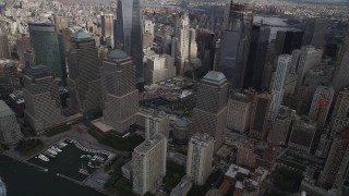 AX87_031 - 4K aerial stock footage Flying by World Trade Center Memorial, Lower Manhattan, New York, New York