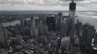 AX87_034 - 4K aerial stock footage One World Trade Center, skyscrapers, Lower Manhattan, New York, New York