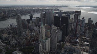 AX87_035 - 4K aerial stock footage of Woolworth Building, 8 Spruce Street, Lower Manhattan, New York, New York