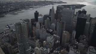 AX87_036 - 4K aerial stock footage of 8 Spruce Street, Lower Manhattan, toward the East River, New York, New York