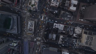 AX87_117 - 4K aerial stock footage Bird's eye view over 7th Avenue, Times Square, Midtown Manhattan, New York