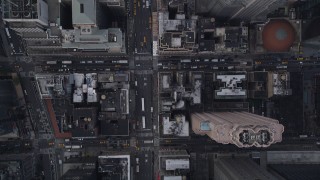 AX87_118 - 4K aerial stock footage Bird's eye view flying over 7th Avenue, Midtown Manhattan, New York, New York