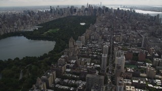 AX87_142 - 4K aerial stock footage Flying over Upper West Side, Central Park, New York, New York