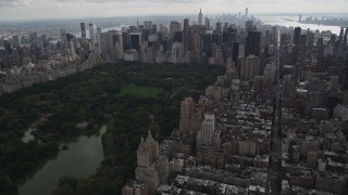 AX87_146 - 4K aerial stock footage Approaching Midtown Manhattan skyscrapers, Upper West Side, New York