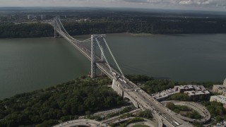AX87_163 - 4K stock footage aerial video Flying by the George Washington Bridge, Hudson River, New York, New York