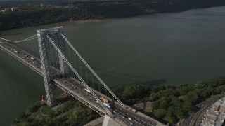 AX87_173 - 4K aerial stock footage Flying by George Washington Bridge, Hudson River, New York, New York