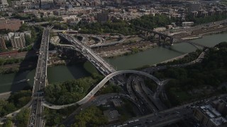 AX87_174 - 4K aerial stock footage Approaching Alexander Hamilton Bridge, Washington Heights, New York, New York
