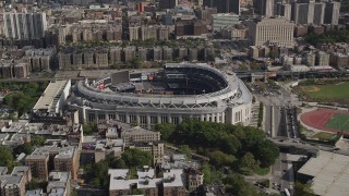 AX87_177 - 4K aerial stock footage Flying by Yankee Stadium, Bronx, New York