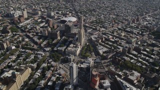 AX88_012 - 4K aerial stock footage approach Williamsburgh Savings Bank Tower office building and Barclays Center arena, Brooklyn, New York