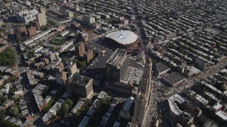 AX88_013 - 4K aerial stock footage fly over Williamsburgh Savings Bank Tower office building near Barclays Center arena, Brooklyn, New York