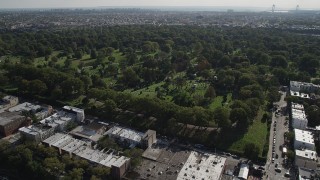AX88_022 - 4K aerial stock footage of approaching the Green-Wood Cemetery, Brooklyn, New York