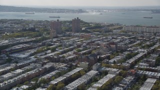 AX88_029 - 4K stock footage aerial video of the Basilica of Our Lady of Perpetual Help and row houses, Brooklyn, New York