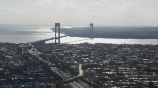 AX88_031 - 4K aerial stock footage of a view of the Verrazano-Narrows Bridge, Brooklyn, New York