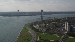 AX88_078 - 4K aerial stock footage of the Verrazano-Narrows Bridge and The Narrows, seen from Brooklyn, New York
