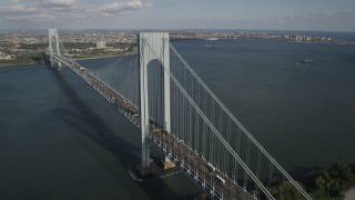 AX88_082 - 4K aerial stock footage video of passing by Verrazano-Narrows Bridge, seen from Staten Island, New York, New York