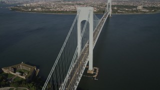 AX88_084 - 4K aerial stock footage of Verrazano-Narrows Bridge, seen from Staten Island, New York, New York
