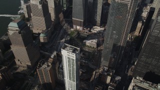 AX88_132 - 4K aerial stock footage of skyscrapers around the World Trade Center Memorial, Lower Manhattan, New York, New York