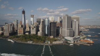 AX88_159 - 4K stock footage aerial video of Battery Park and skyscrapers in Lower Manhattan, New York, New York