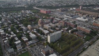 AX88_169 - 4K aerial stock footage approach apartment buildings, row houses, Hamilton Park, Jersey City, New Jersey