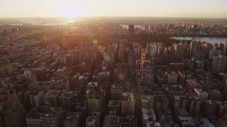 AX90_036 - 4K aerial stock footage Flying by Upper West Side, New York, New York, sunrise