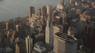 AX90_085 - 4K aerial stock footage Flying by Chrysler Building, Midtown Manhattan, New York, New York, sunrise