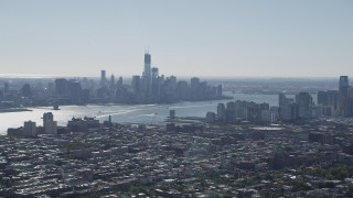 AX91_002 - 4K stock footage aerial video of the Lower Manhattan skyline and Hudson River, New York seen from Union City, New Jersey