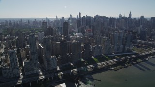 AX91_007 - 4K aerial stock footage pan acrossMidtown Manhattan and Upper West Side skyscrapers, New York