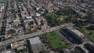 AX91_020 - 4K aerial stock footage of panning across the Cross Bronx Expressway freeway, The Bronx, New York