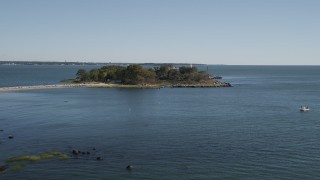 AX91_056 - 4K aerial stock footage of approaching lighthouse on Great Captain Island, Greenwich, Connecticut