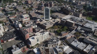 AX91_076 - 4K aerial stock footage of approaching an office building in Downtown Stamford, Connecticut