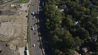 AX91_082 - 4K aerial stock footage of the Connecticut Turnpike freeway, Darien, Connecticut