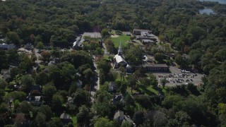 AX91_084 - 4K aerial stock footage of flying by Noroton Presbyterian Church, Darien, Connecticut