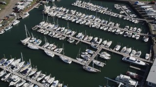 AX91_099 - 4K stock footage aerial video of flying over sailboats at Norwalk Cove Marina, Norwalk, Connecticut