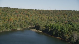 AX91_147 - 4K aerial stock footage of approaching forest on the shore of the lake in autumn, Lake Saltonstall, Connecticut