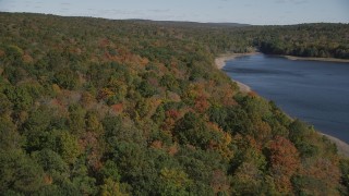AX91_162 - 4K aerial stock footage of flying by forest near the shore, autumn, Lake Gallard, Connecticut