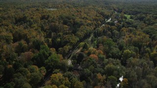 AX91_179 - 4K aerial stock footage of flying over forest road and rural homes in autumn, Guilford, Connecticut