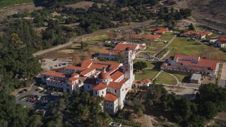 AXSF01_010 - 5K aerial stock footage of approaching Thomas Aquinas College, Santa Paula, California